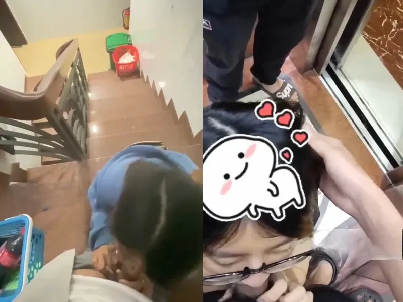 Em đang liếm cục thịt thì thang máy có người vào, vừa hồi hộp vừa nứng